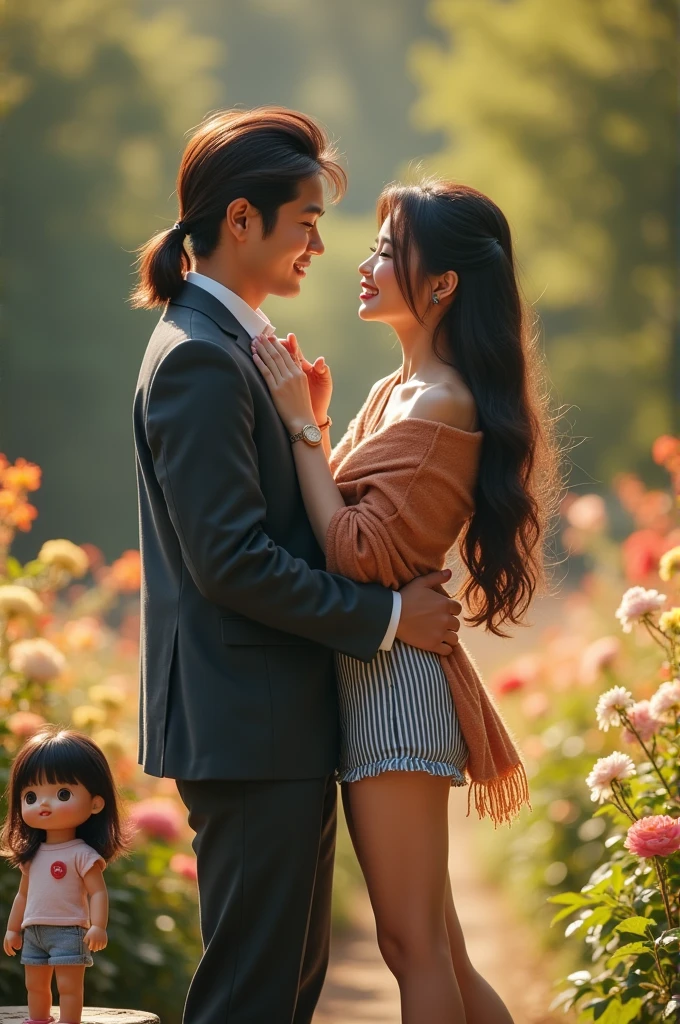 full body) Asian male couple with medium length mauve mullet haircut wearing a suit jacket and Asian female with long hair style, wearing striped pants,short jeans,pashmina,sneakers) they are sitting hugging smiling with open eyes with a large doll in the park and flowers capturing the romantic with soft and romantic light reflection looking natural. 35k resolution full HD., photo