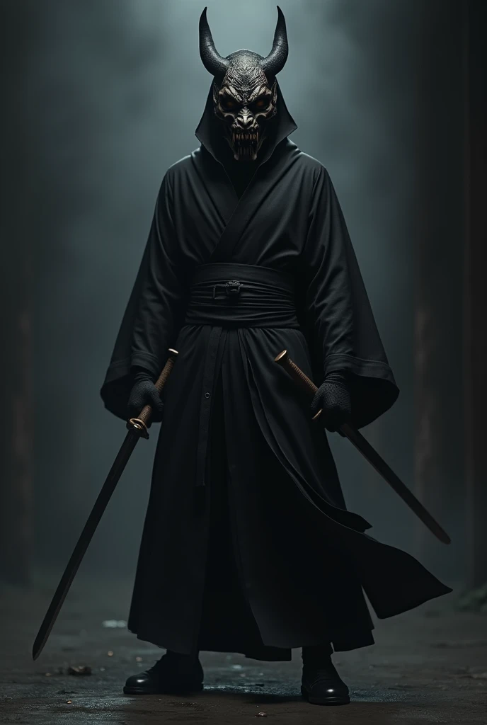 a ninja with a Japanese oni mask, com uma roupa preta, menacingly