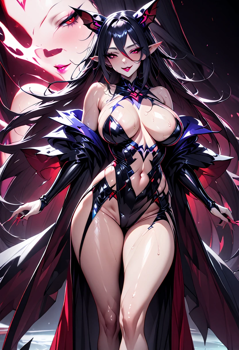 ung beautiful woman,(Highest quality,Extremely detailed depiction,Incredibly absurd high resolution,Anatomically accurate depiction,Curvy Legs),(Glowing Skin,Shiny skin,Porcelain-like skin),(A cyborg with a bat motif:1.5,Shiny latex),eyelash,Sweat,(Red Eyes,Vertically drawn pupils,Large Breasts,A captivating smile,Glossy lipstick,Flashy makeup,Seductive gestures,Half-closed eyes:1.3),whole body,Pointy Ears
