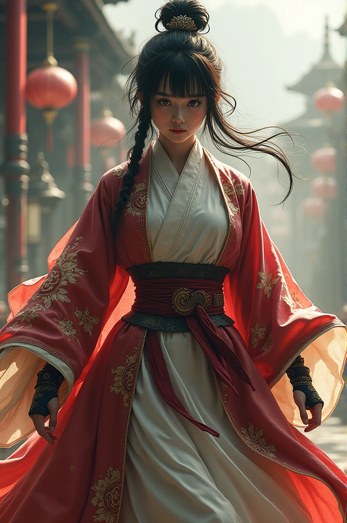 Highest quality 8K Japanese Beautiful Girl Fantastic World Fantastic costumes Fantastic Background Long shot whole body Fantastic Building Fighting stance Sweat gushing forth Fight the enemy monster