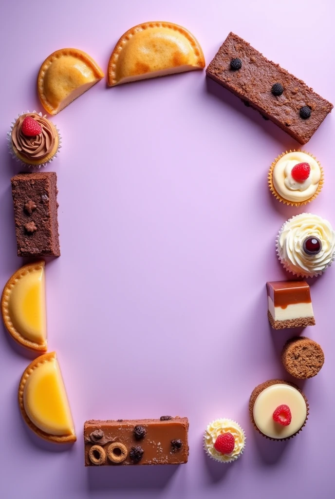 Create an Instagram post with a 4x4 size., with a lilac background and the following desserts appearing around the entire edge: Half-moon shaped cajeta empanadas, brownies, cheesecake, flan, cakes, don't add cookies
