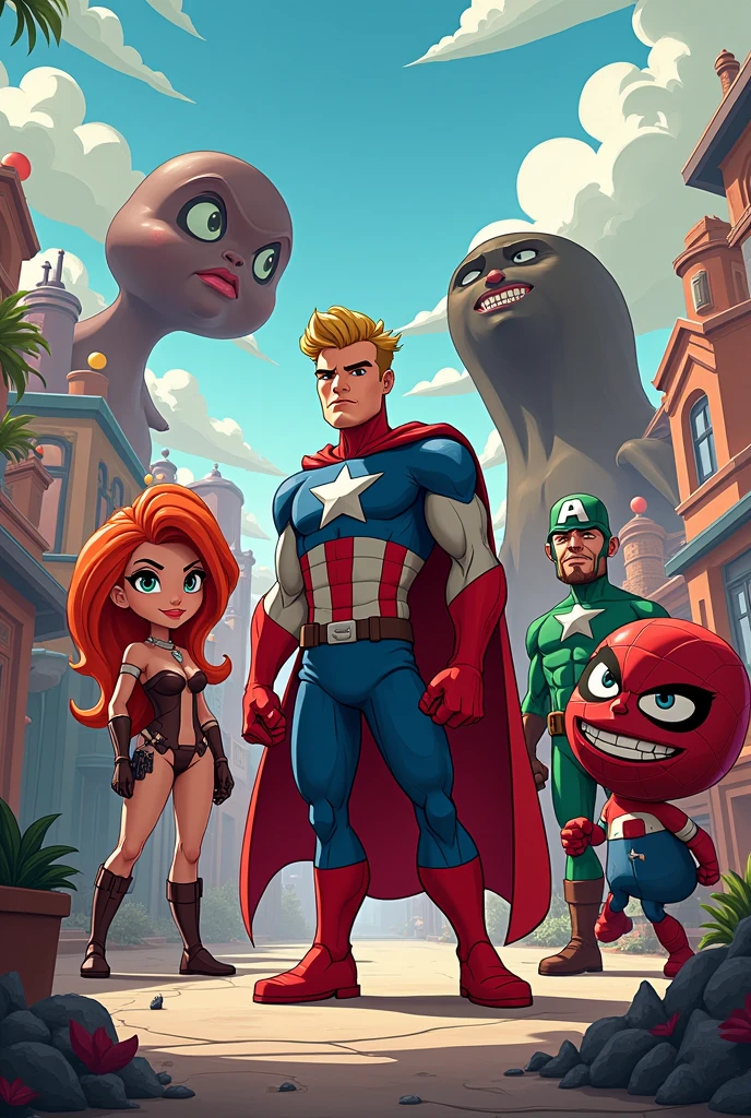 Title 100%Characters with Marvel and DV cartoon shapes 