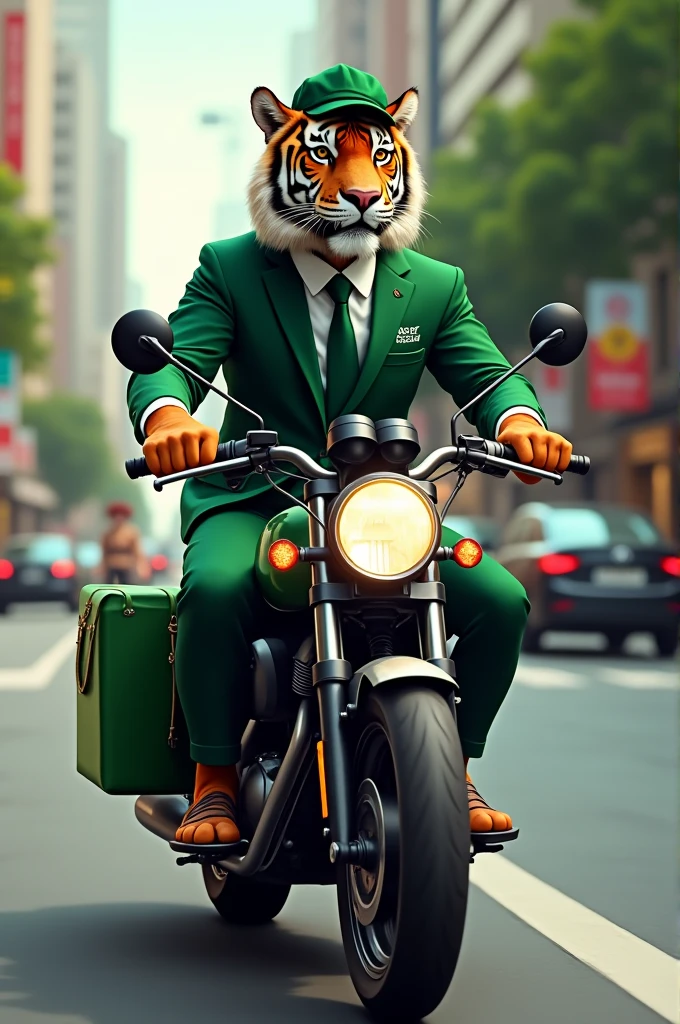 A tiger in a green suit on a motorbike delivering Uber eats 