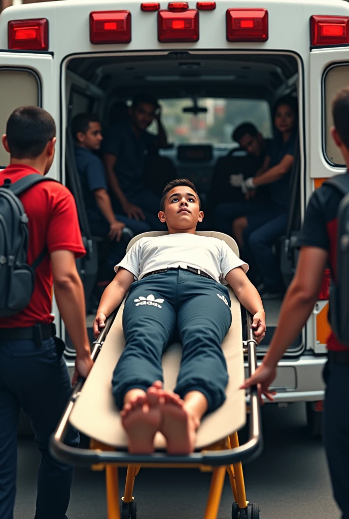 The scene shifts to the inside of an ambulance. The cat and kitten are side by side on stretchers, the cat still reaching out to touch the kitten, with a hopeful yet worried expression as the ambulance doors close.