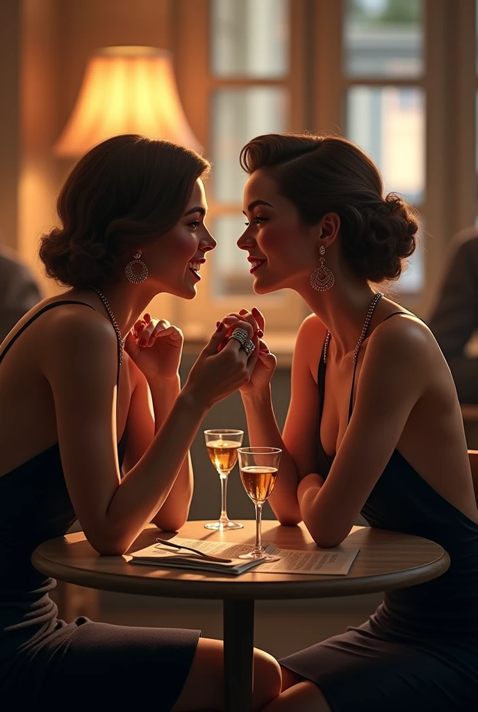 Woman gossiping with another at a table 