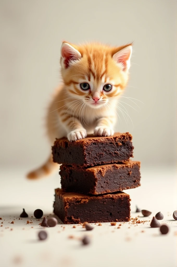 Generate an image of a kitten climbing a tower of three brownies
