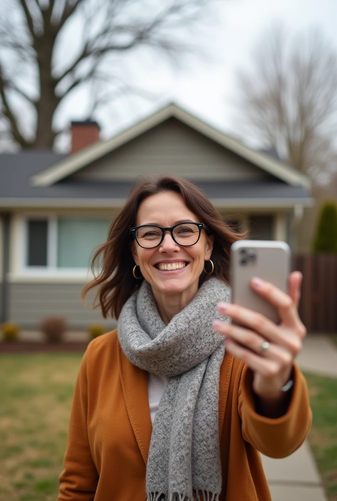 Happy woman with glasses and a scarf taking a selfie in front of her house