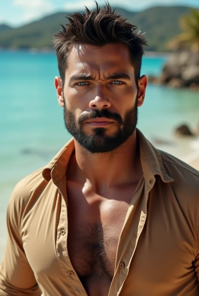 Bearded man, black hair, blue eyes, high, beautiful pecs, playa 