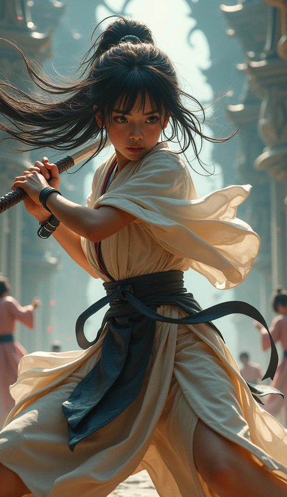 Highest quality 8K Japanese Beautiful Girl Fantastic World Fantastic costumes Fantastic Background Long shot whole body Fantastic Building Fighting stance Sweat gushing forth Disheveled Hair heavy breathing Carrying a weapon The figures are small
