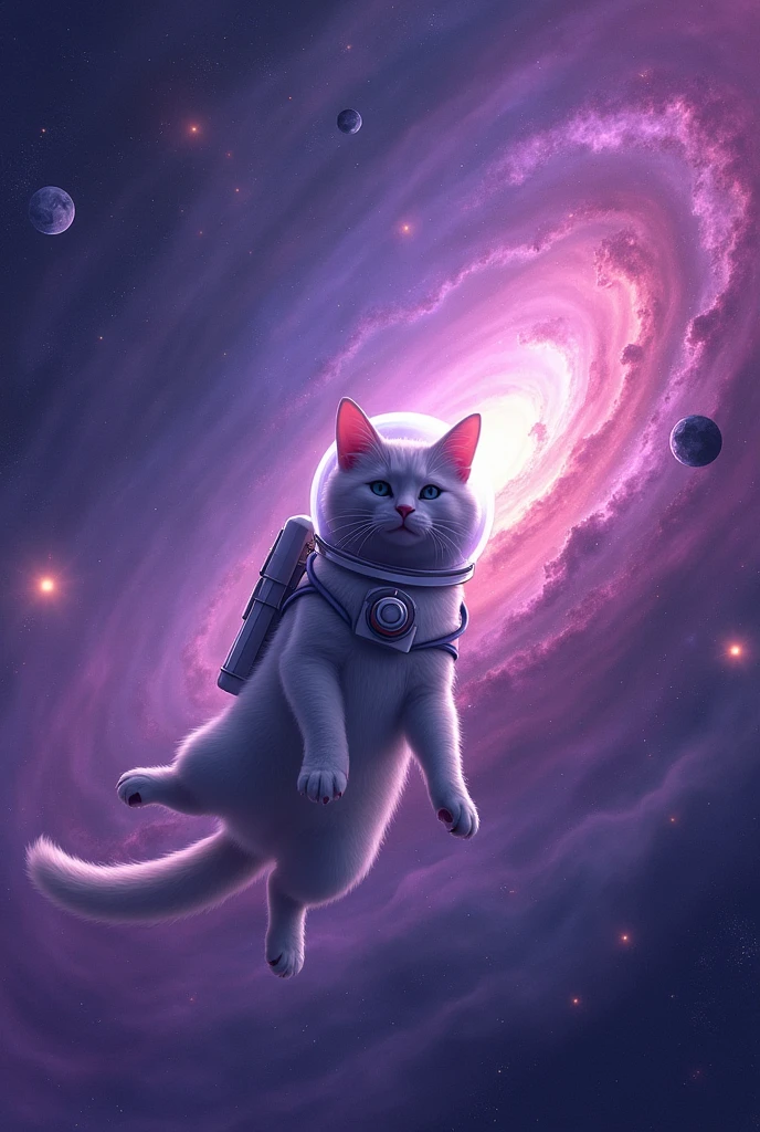 Create me an image of a galaxy with purple color tones, planetes, black holes, and a white cat with an astronaut helmet on its head floating in the center of the image
