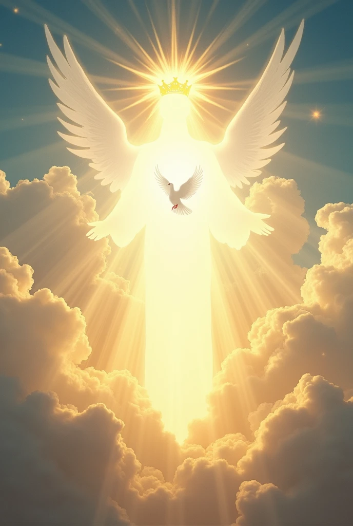 Create a symbolic representation of God, inspired by biblical descriptions. The image should show a radiant and resplendent light, with a heavenly atmosphere. No fundo, bright white clouds surround the figure, that should not be represented in a human form, but rather through an intense and divine light. Include elements such as a white dove, representing the Holy Spirit, and a crown of stars, symbolizing sovereignty. The scene should convey a sense of peace, majesty and omnipotence, with a color palette between gold, white and azure, evoking a sense of awe and awe."