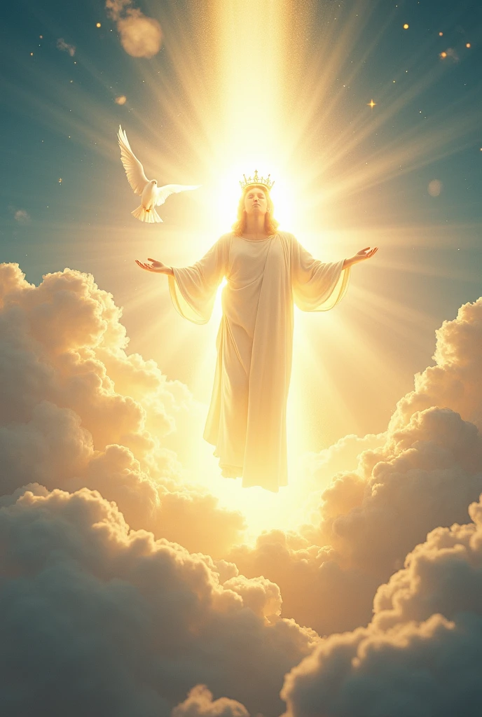 Create a symbolic representation of God, inspired by biblical descriptions. The image should show a radiant and resplendent light, with a heavenly atmosphere. No fundo, bright white clouds surround the figure, that should not be represented in a human form, but rather through an intense and divine light. Include elements such as a white dove, representing the Holy Spirit, and a crown of stars, symbolizing sovereignty. The scene should convey a sense of peace, majesty and omnipotence, with a color palette between gold, white and azure, evoking a sense of awe and awe."