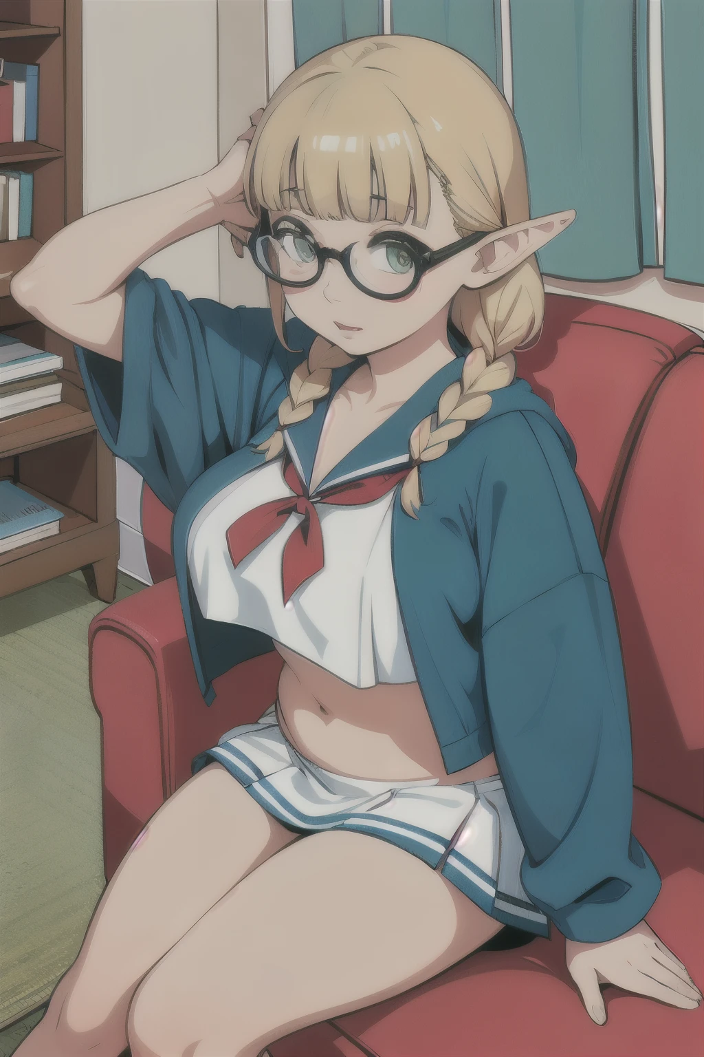 (masterpiece, Highest quality) detailed, 32K，Very fat，Sloppy Elf Girl，Otaku:1.2，Silver Accessories，narrow, Fox-like eyes that are slightly closed.:1.2，Slanted Eyes:1.5， Black-rimmed round glasses，Very short stature，Huge breasts，Braided Red Hair Twin Tails，Blunt bangs，elegant, Pointed Ears，belly button，barefoot，Summer white sailor suit，Short mini skirt，Leak from the Southern Hemisphere，Staff of the Wise Man:1.4、Living room of a one-room apartment for a single man、Black Hair, Braiding, Straight hair, Long Hair, Grey Eyes, Thick lips，Long eyelashes，aldult，Black eyeliner，Looking at the audience, Rest solo, Persistence, aldult, Arch your back, Thigh Gap, Dynamic pose, Dynamic Angle, Angle Shot,