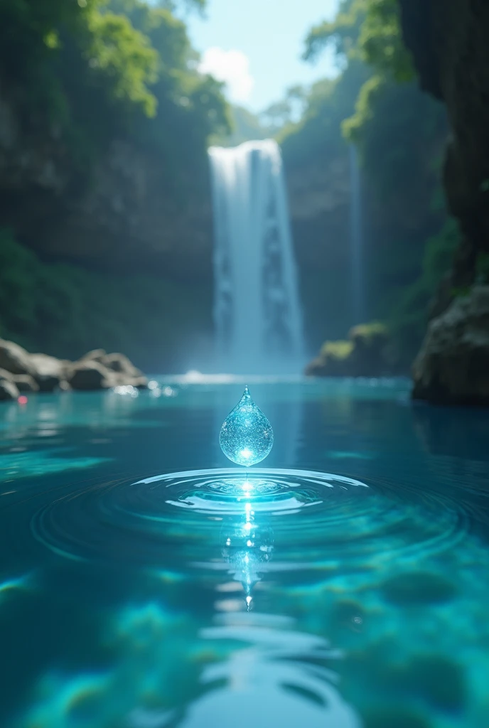 Serum drop lands in a clear blue pool.