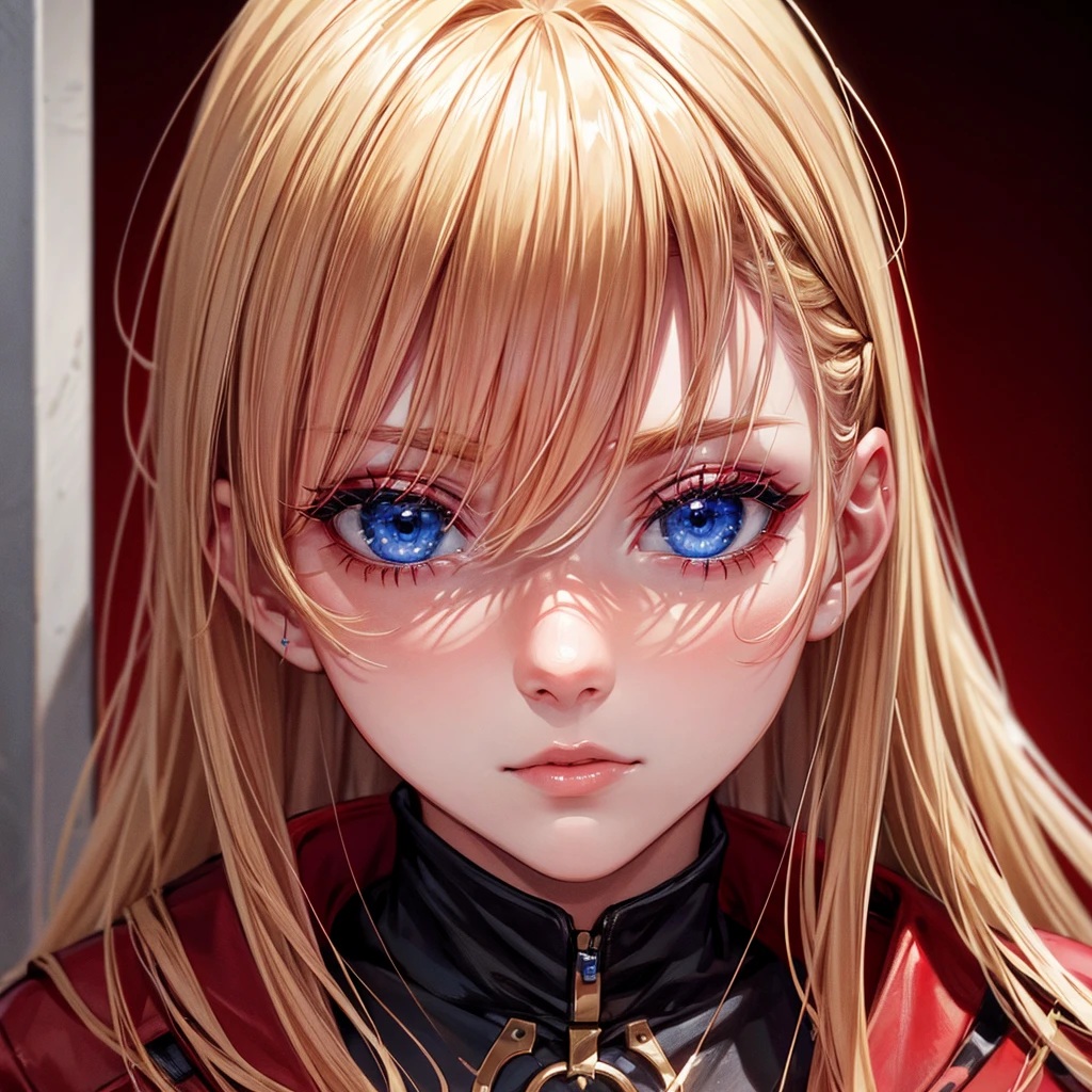 Icon with red aesthetics of a blonde woman with blue eyes
