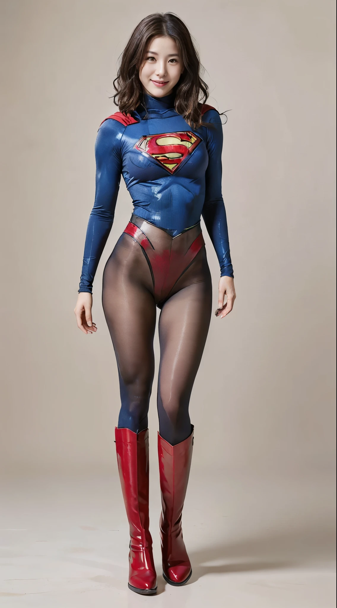 No background、(((Bowing the head、Looking down)))、(((Beautiful legs in black tights.)))、(((Legally express the beauty of your smile)))、((((Make the most of your original images)))、(((Supergirl Costume)))、(((Beautiful short bob hair)))、(((suffering)))、(((Please wear black tights....、Wear red boots)))、((Best image quality、8k))、((Highest quality、8k、masterpiece:1.3))、(((Preserve background )))、Sharp focus:1.2、Beautiful woman with perfect figure:1.4、Slim Abs:1.2、Wet body:1.5、Highly detailed face and skin texture、8k