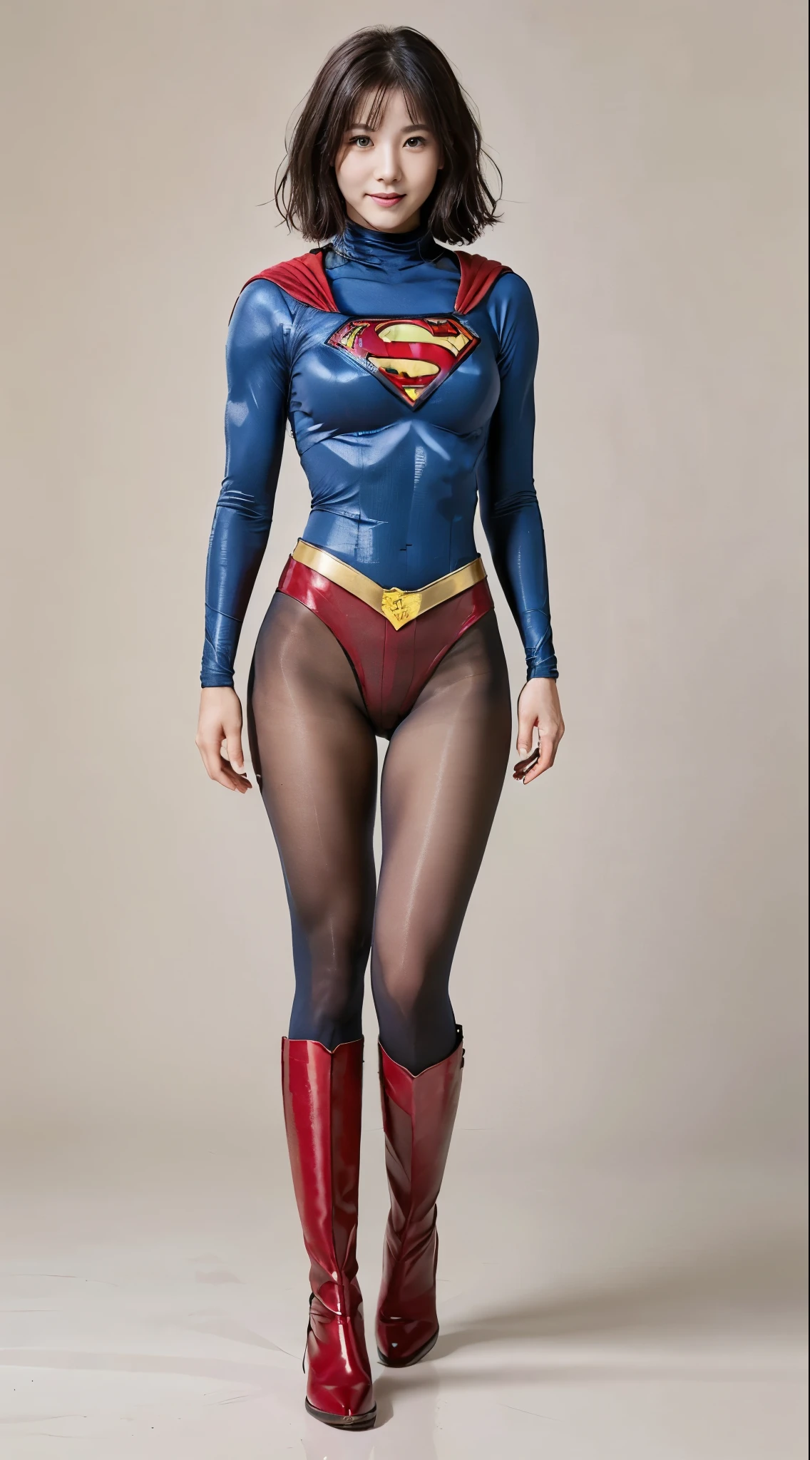 No background、(((Bowing the head、Looking down)))、(((Beautiful legs in black tights.)))、(((Legally express the beauty of your smile)))、((((Make the most of your original images)))、(((Supergirl Costume)))、(((Beautiful short bob hair)))、(((suffering)))、(((Please wear black tights....、Wear red boots)))、((Best image quality、8k))、((Highest quality、8k、masterpiece:1.3))、(((Preserve background )))、Sharp focus:1.2、Beautiful woman with perfect figure:1.4、Slim Abs:1.2、Wet body:1.5、Highly detailed face and skin texture、8k