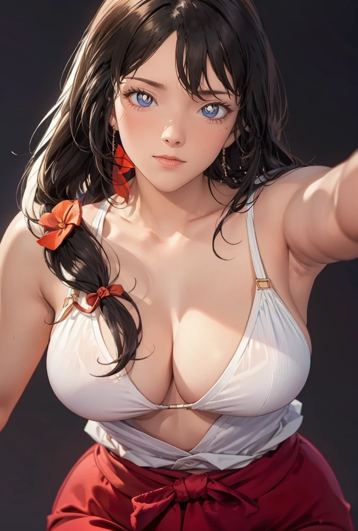 （（（Perfect figure，figure，orange kimono, obi，hakama skirt，work，flame print kimono，（（（hyuuga workbi，low tied long hair，hair bow，Light blue pupils））），S-shaped figure:1.7））），((masterpiece)),high resolution, ((Best quality at best))，masterpiece，quality，Best quality，（（（ Exquisite facial features，looking at the audience,There is light in the eyes，Happy，nterlacing of light and shadow，））），（（（looking into camera，black background，）））