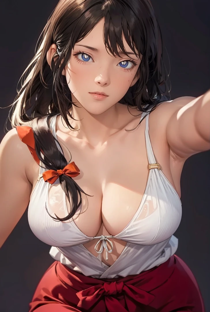 （（（Perfect figure，figure，orange kimono, obi，hakama skirt，work，flame print kimono，（（（hyuuga workbi，low tied long hair，hair bow，Light blue pupils））），S-shaped figure:1.7））），((masterpiece)),high resolution, ((Best quality at best))，masterpiece，quality，Best quality，（（（ Exquisite facial features，looking at the audience,There is light in the eyes，Happy，nterlacing of light and shadow，））），（（（looking into camera，black background，）））