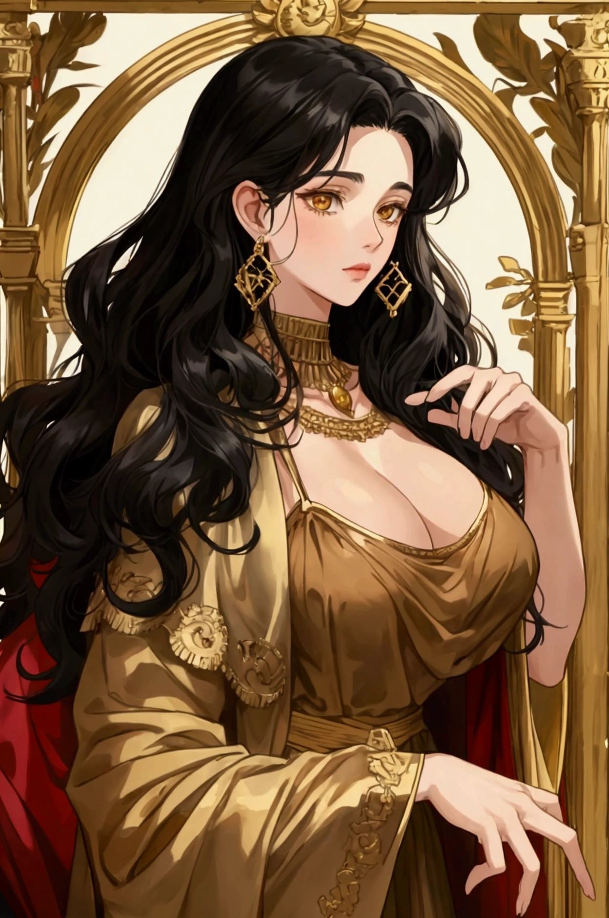 Olive skin, Curly black hair, Goldohrringe, full breasts, reddened cheeks, Antiquity, Kleidungsstil Antiquity, High Nobility, anime style