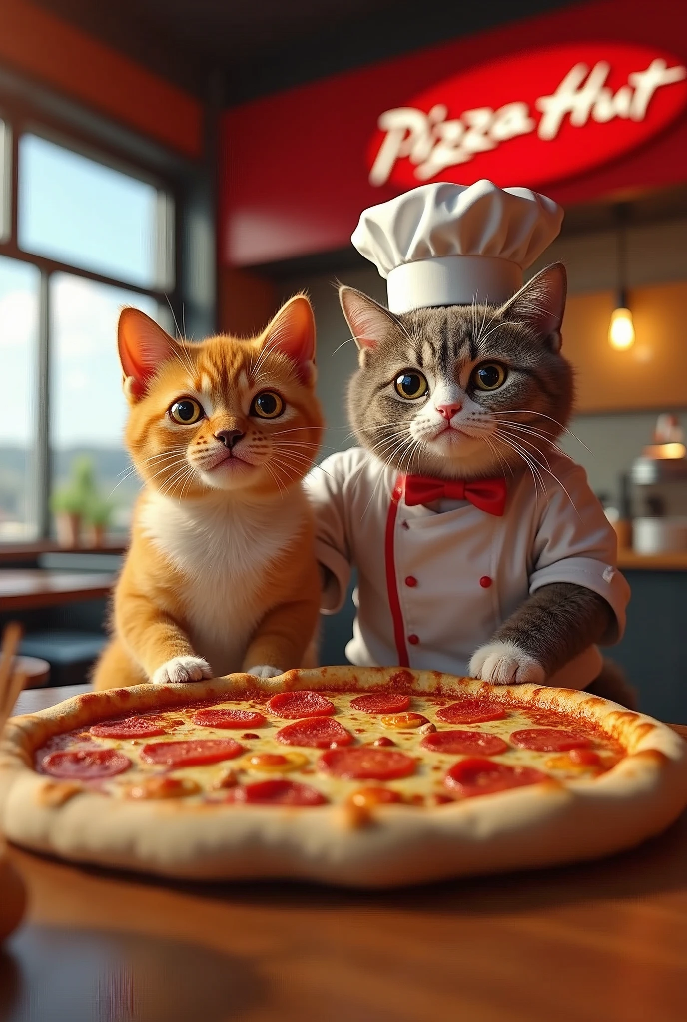 photorealistic,high quality,8k,detailed,dynamic composition,pizza hut,famous meme,fans of their relationship,perrito puch dog,hato and chef cat,meme style,humorous,vibrant colors,dramatic lighting,surreal,quirky,whimsical,cute,adorable,funny,entertaining,memorable,striking,captivating