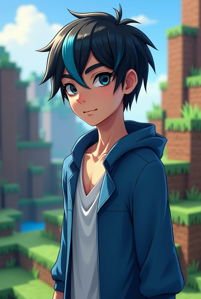 The guy has black hair with some blue streaks.,He's wearing a blue jacket with a bit of black.,His jacket is open and there's a white shirt showing., Minecraft
