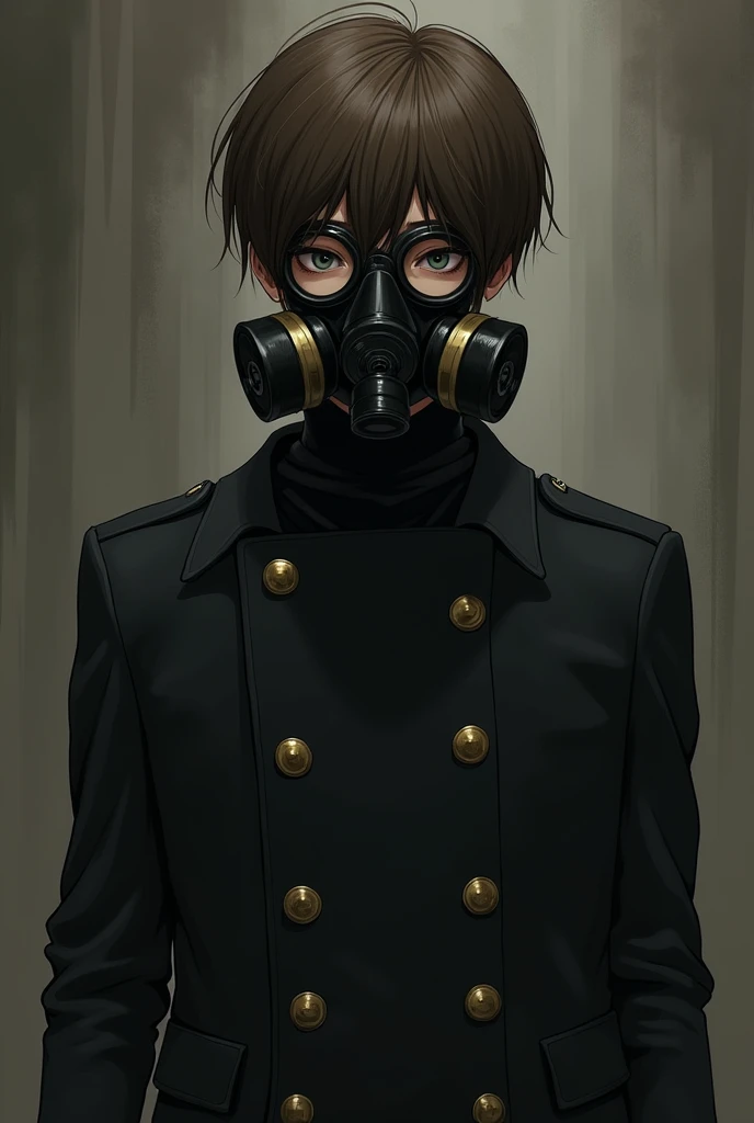 A male character with straight, brown hair,wearing a black gas mask that covers his entire face., wearing a black jacket with 6 golden buttons, manhwa style.