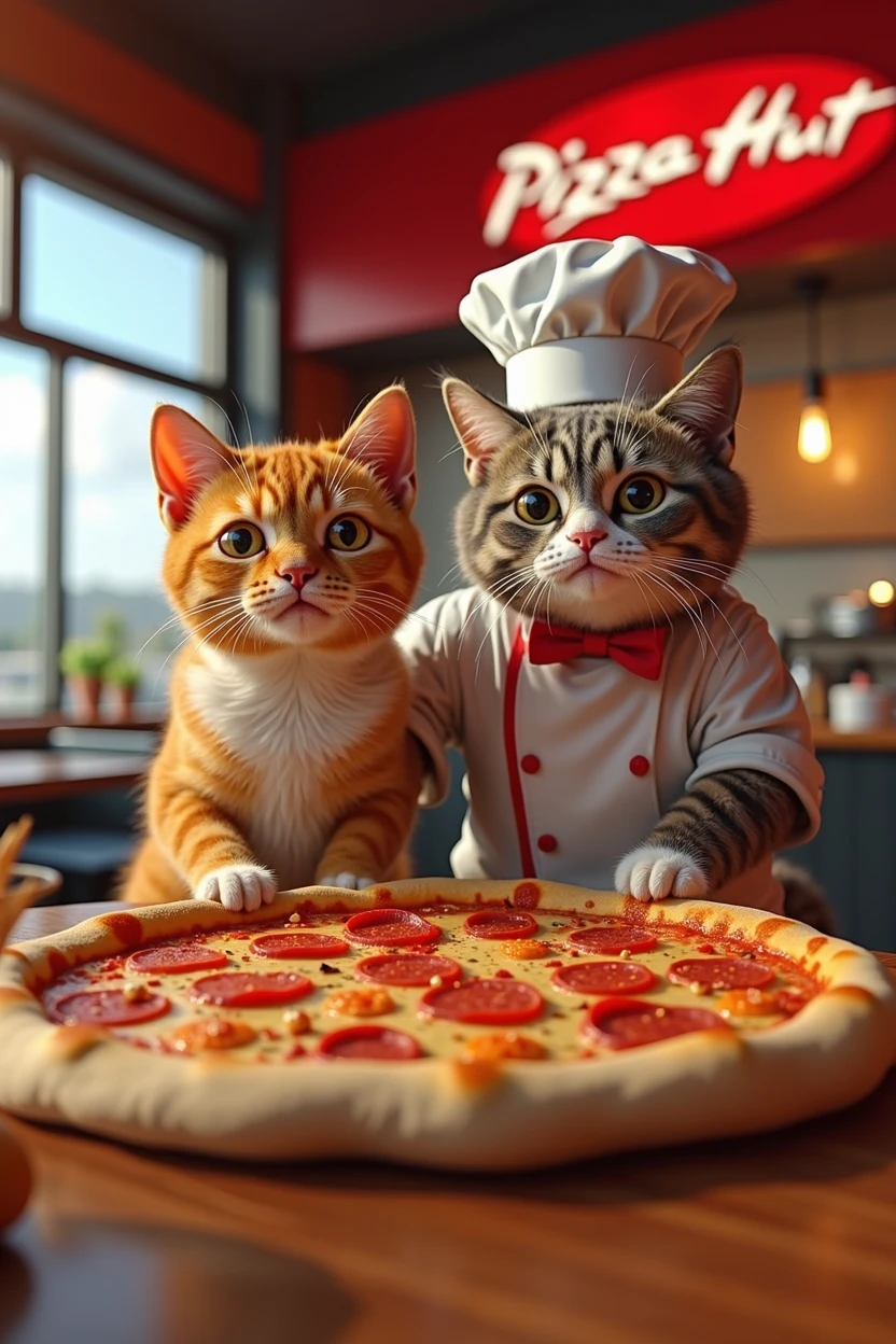 photorealistic,high quality,8k,detailed,dynamic composition,pizza hut,famous meme,fans of their relationship,perrito puch dog,hato and chef cat,meme style,humorous,vibrant colors,dramatic lighting,surreal,quirky,whimsical,cute,adorable,funny,entertaining,memorable,striking,captivating