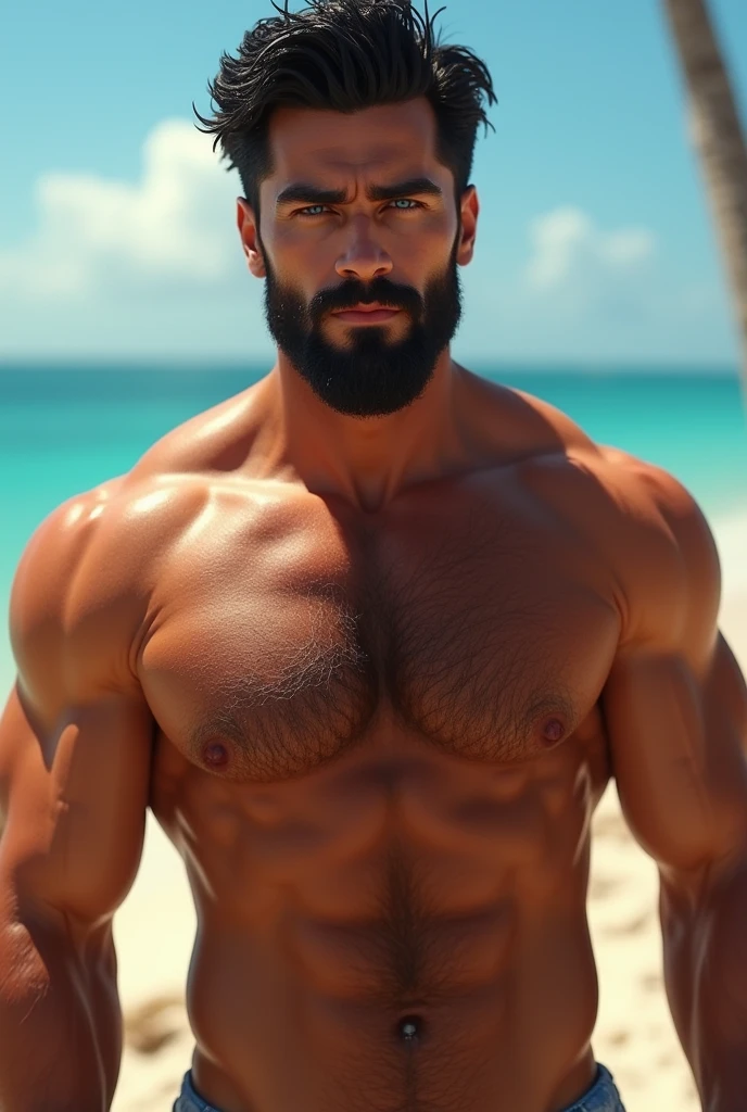 Bearded man, black hair, blue eyes, high, beautiful pecs, playa 