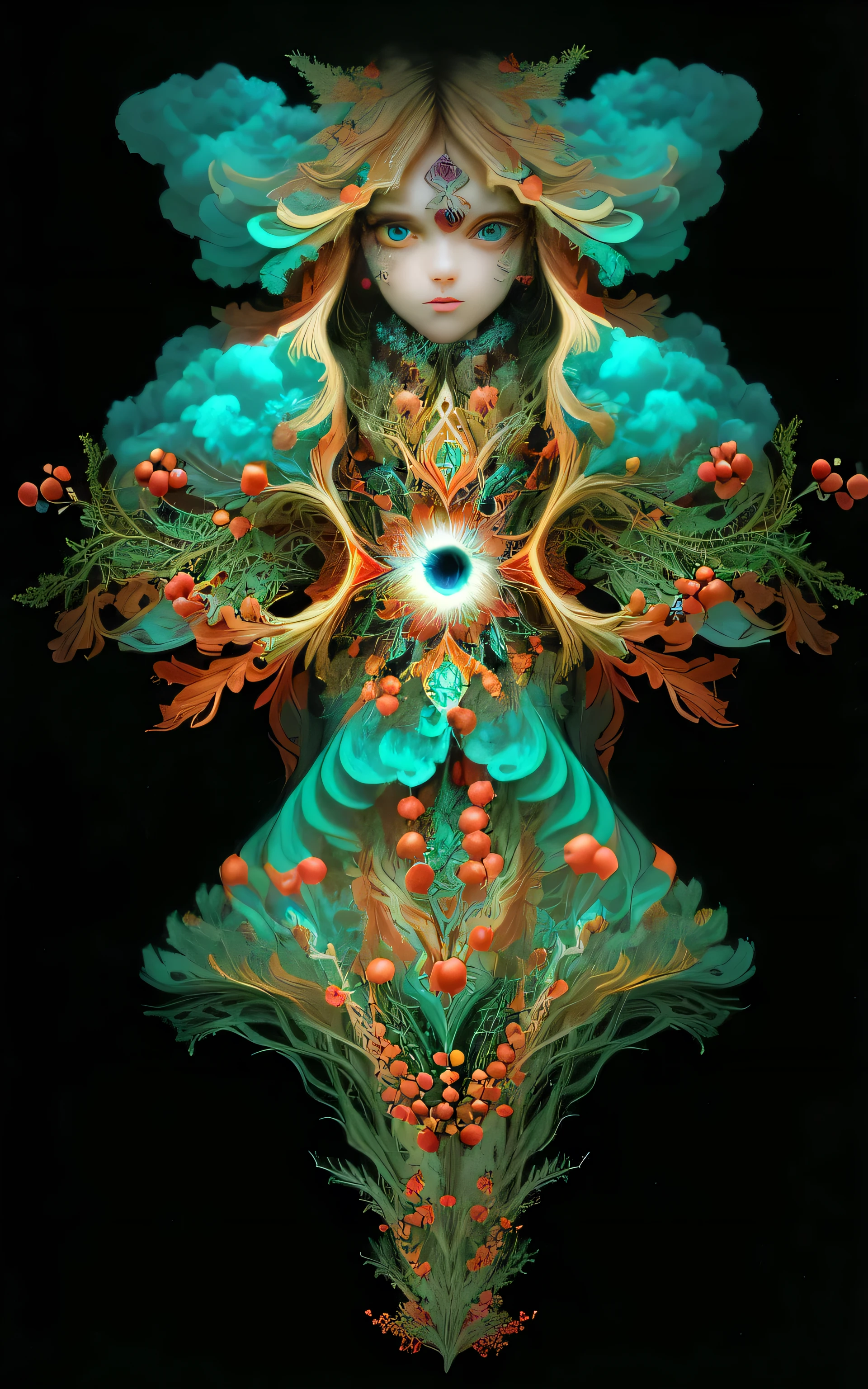 fractal, eyes, berries, clouds, in the center of the eye, face of the spirit