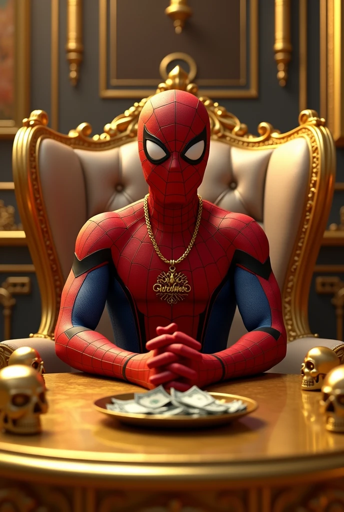 Generate a 3D photo of Spiderman in a very beautiful room full of golden things with his hand on a table with his fingers crossed and sitting in an armchair with golden skulls on top of his table and money in front of his table he sitting with his fingers crossed on top of the table looking straight ahead and with a gold chain around his neck and in the middle of the chain it says Cipher