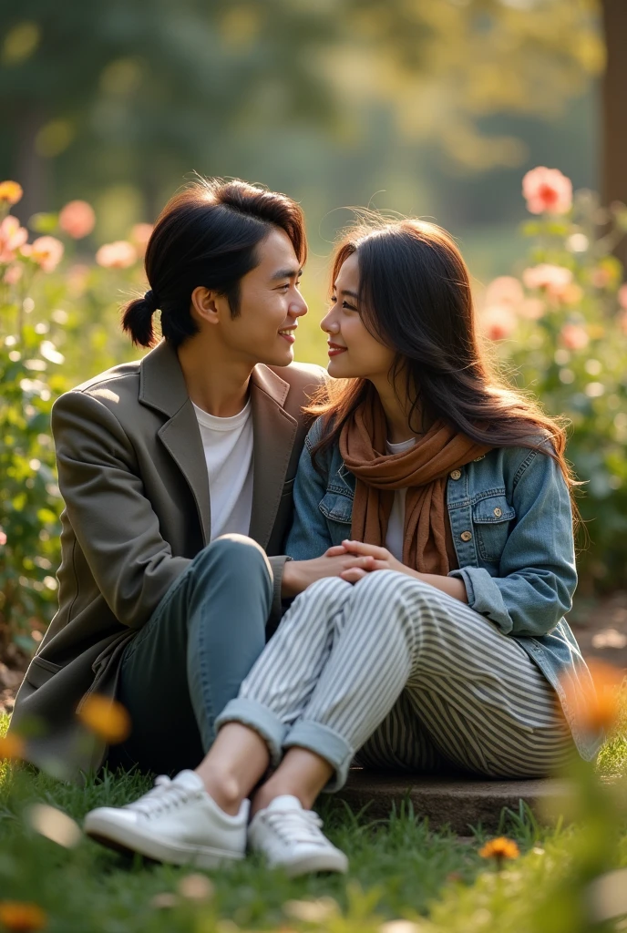 full body) Asian male couple with medium length mauve mullet haircut wearing a suit jacket and Asian female with long hair style, wearing striped pants,short jeans,pashmina,sneakers) They are sitting, hugging, smiling, their eyes open with a focused gaze ahead in the garden and flowers, capturing the romance with soft, romantic light reflections, looking natural and genuine.. 35k resolution full HD., photo