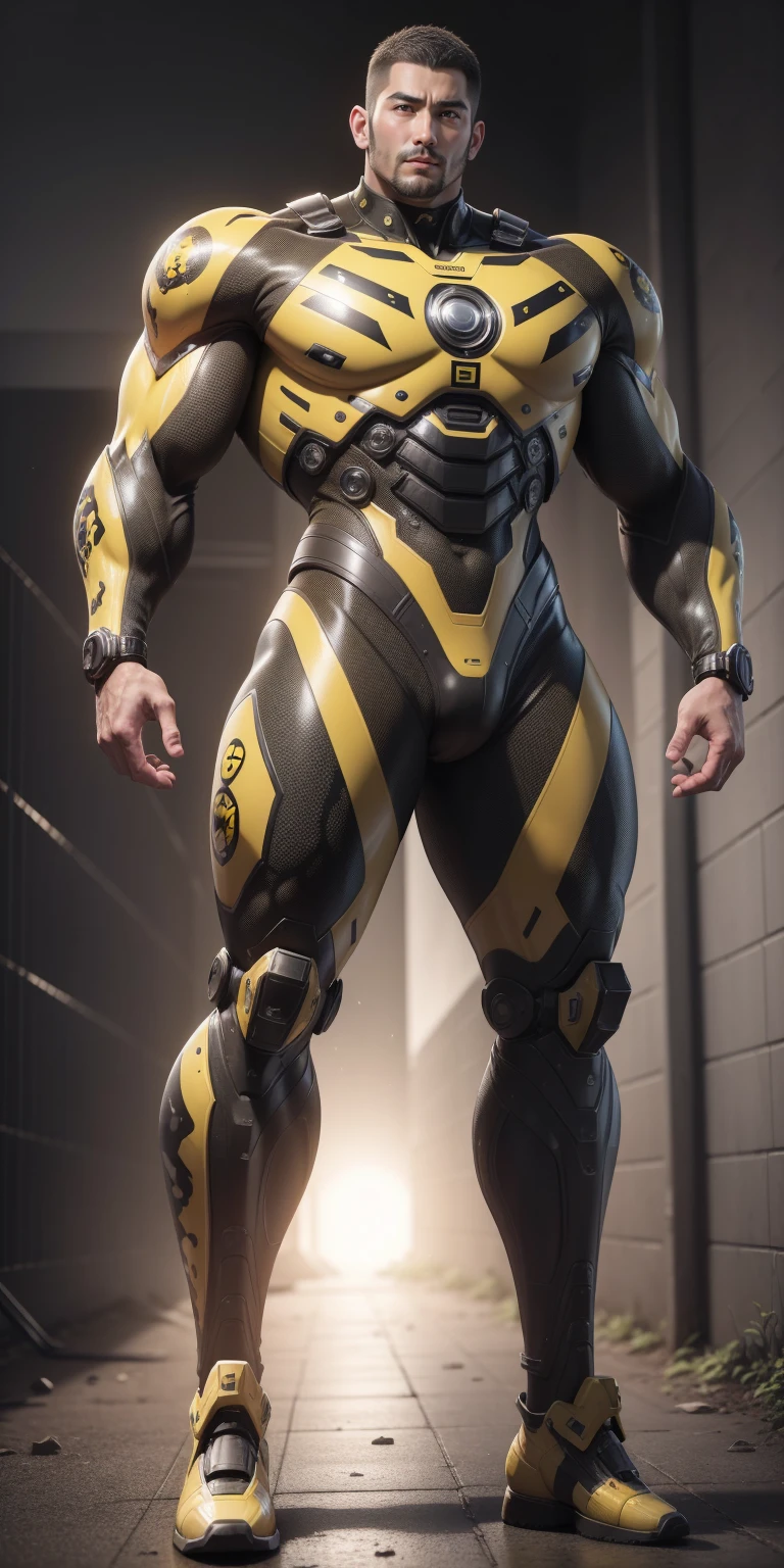 Tall giant muscular police officer，Buzz Cut，Very long legs，Yellow and black camouflage patterned nano mecha，Honeycomb pattern，Lightweight texture，Character Concept（Resident Evil - Chris Redfield，Chris Redfield）senior police officer，Small grid texture，Regular symmetrical texture pattern，Sad expression，Deep and charming eyes，Standing in a bright mechanical laboratory，Emerald Eyes Hero，Heroic male pose，高大Burly，muscular！Attractive leg muscles，High target, Burly, Heqiang，  Super Buff and Coolness， High Resolution Committee， Bigfoot yellow-gray ultra-thin nano-mechanical boots，Charismatic strongman，The bright sunshine shines on you，Matte particles，Shiny texture
