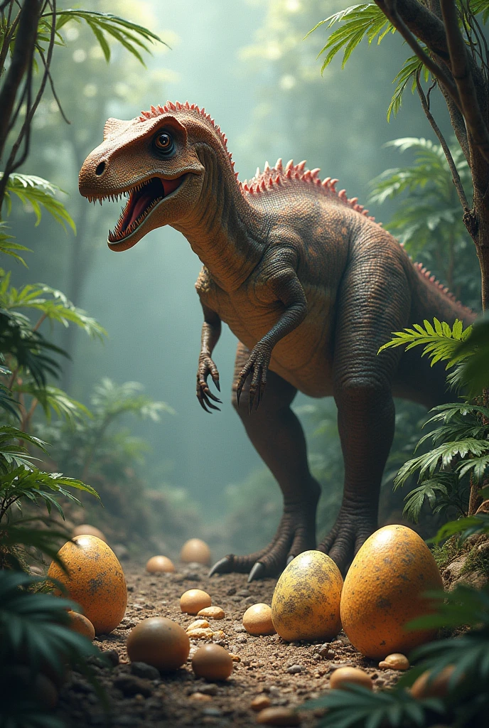 Image with name "aereosteon riocoloradesis"and on the sides dinosaur eggs , The dinosaur Aereosteon riocoloradensis and other dinosaurs in a jungle