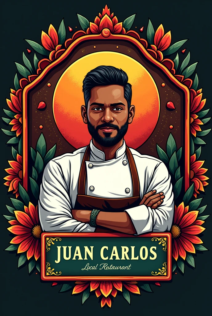 create a mexican logo, colorful and elegant with the phrase "Juan Carlos" "Local restaurant" with the image of a dark-skinned chef