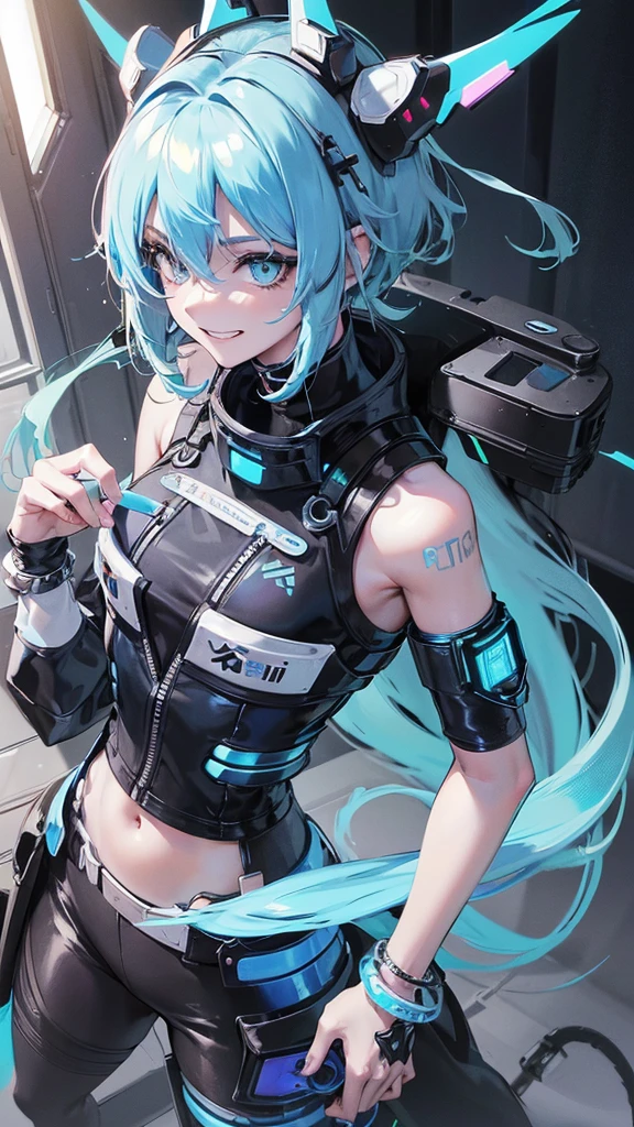 1 boy, anime, high quality, intricate details, futuristic setting, short, robotic, cybernetic, futuristic fashion, pasel blue hair, bear ears, happy grin, streetwear, pastel blue and black outfit, pastel blue eye, hairclips, accessories, bracelets, tan skin, leggings, short hair, messy hair, bear ears