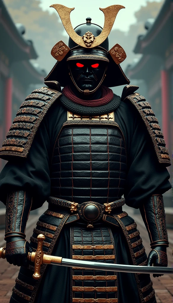 (Best quality,4K,8K,A high resolution,Masterpiece:1.2),Ultra-detailed,(Realistic,Photorealistic,photo-realistic:1.37),Feudal Japanese samurai of the Warring States period, Wearing a full suit of samurai armor, Wearing a black samurai mask, Wielding a sharp katana, Exudes a strong sense of intimidation, Glowing red eyes, Mikawa Samurai