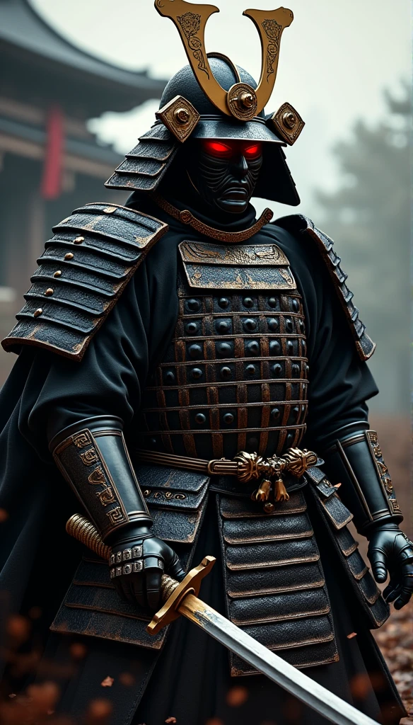 (Best quality,4K,8K,A high resolution,Masterpiece:1.2),Ultra-detailed,(Realistic,Photorealistic,photo-realistic:1.37),Feudal Japanese samurai of the Warring States period, Wearing a full suit of samurai armor, Wearing a black samurai mask, Wielding a sharp katana, Exudes a strong sense of intimidation, Glowing red eyes, Mikawa Samurai