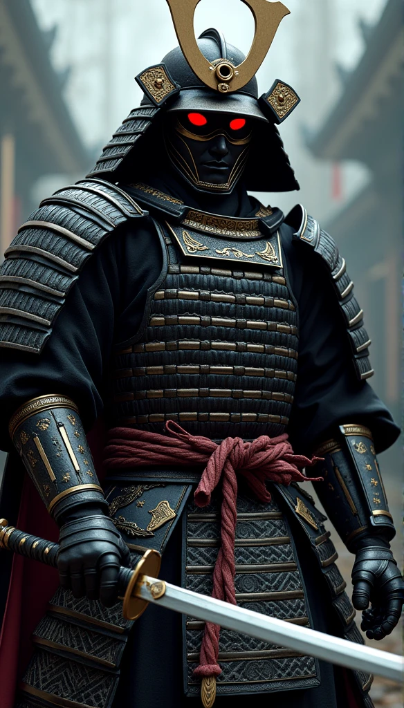 (Best quality,4K,8K,A high resolution,Masterpiece:1.2),Ultra-detailed,(Realistic,Photorealistic,photo-realistic:1.37),Feudal Japanese samurai of the Warring States period, Wearing a full suit of samurai armor, Wearing a black samurai mask, Wielding a sharp katana, Exudes a strong sense of intimidation, Glowing red eyes, Mikawa Samurai