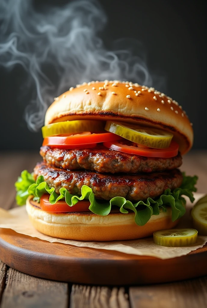 Create an image promoting the hamburger as a delicious and informative food., Now create a highlighting the flavors and how you'll feel after eating