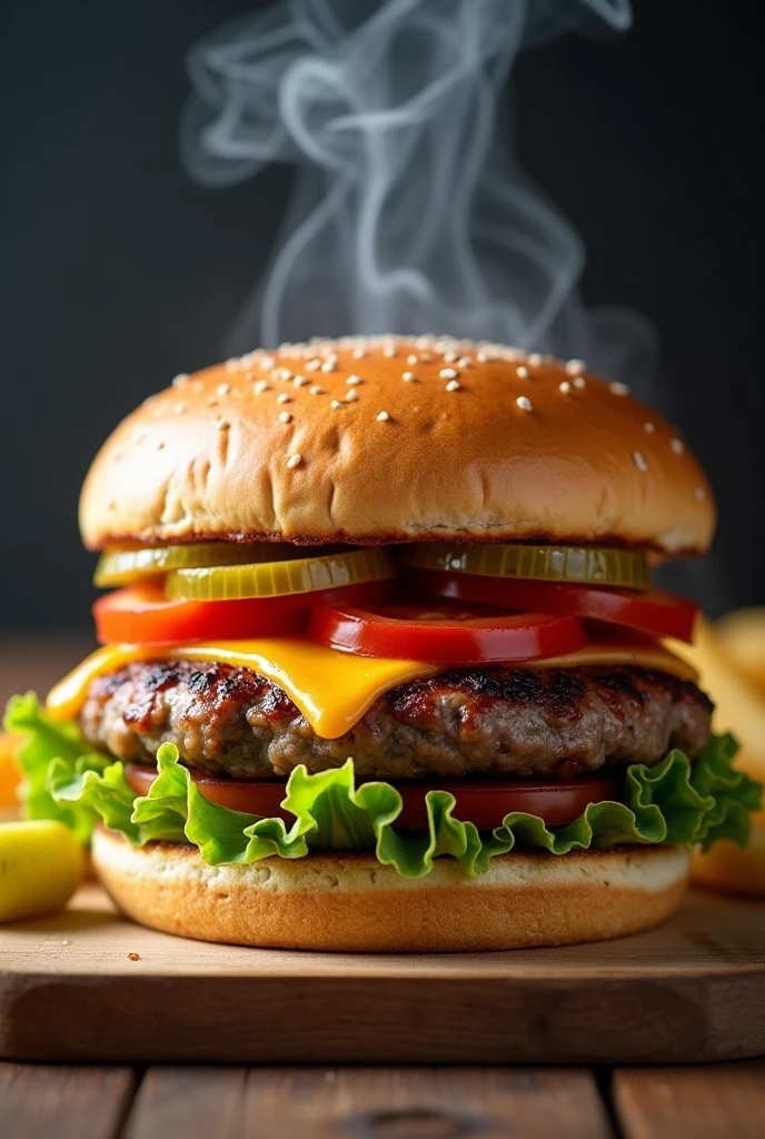 Create an image promoting the hamburger as a delicious and informative food., Now create a highlighting the flavors and how you'll feel after eating