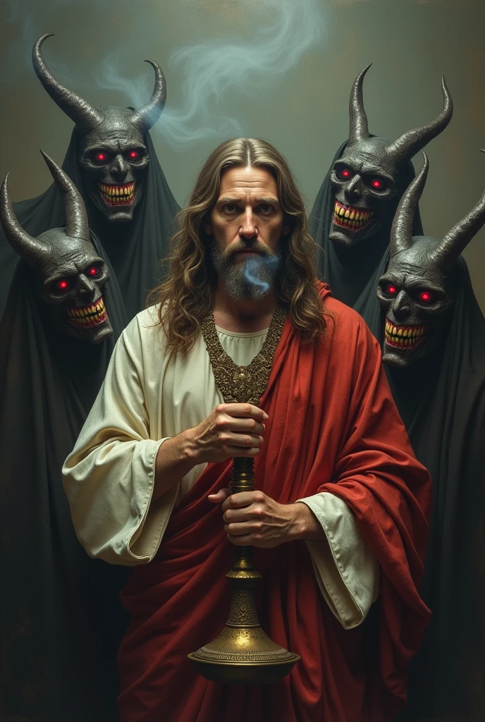 Jesus Christ smoking a hookah while the demons smile