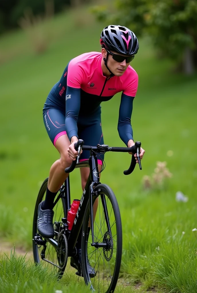 Create a lycra cycling uniform that place on grass
