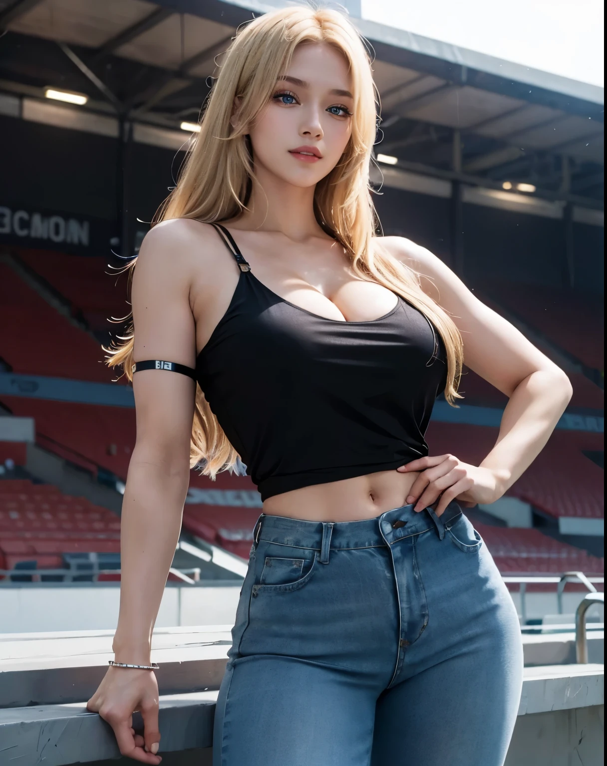 1girl, (Blue Eyes), (smiling :1.2), (beautiful makeup :1.2), (big tits :1.1), big ass, thin waist, thick thighs, toned legs, muscle, (Best Quality, 8k, Masterpiece: 1.3), Clear Focus: 1.2, Perfect Body Beauty: 1.4, strong abs, Highly detailed face and skin texture, detailed eyes, double eyelids, (shiny skin :1.2), (blonde long hair :1.2), (cleavage black shirt with straps :1.2), (jeans :1.1), standing, dynamic pose, in the stands of a soccer stadium, soccer field in the background