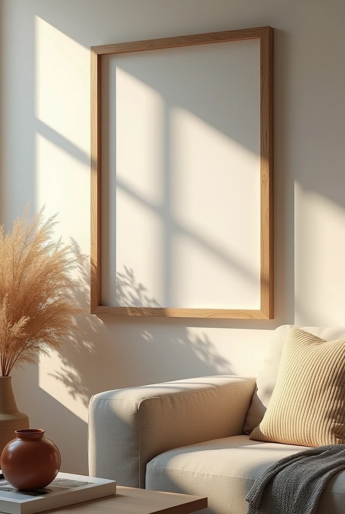 Modern wood picture horizontal frame in 16:9 ratio at cozy living room, 4k