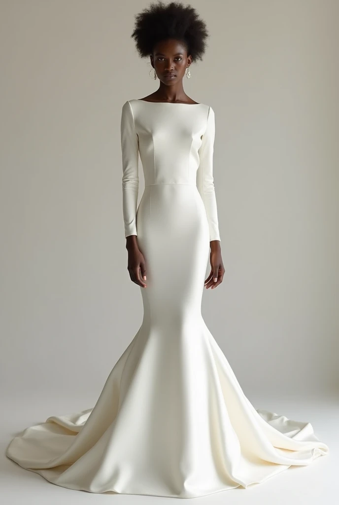 Bridal gown model: Haute Couture
Pearl silk satin (NO LACE)
Two long fitted sleeves
Boat neck going from one shoulder to the other at the same height
No neckline
Fitted without being vulgar
Opens subtly into a mermaid tail

(My dress has no lace) 

Dress this dress on a 1,51 cm tall, 75kg black model with a round face. 