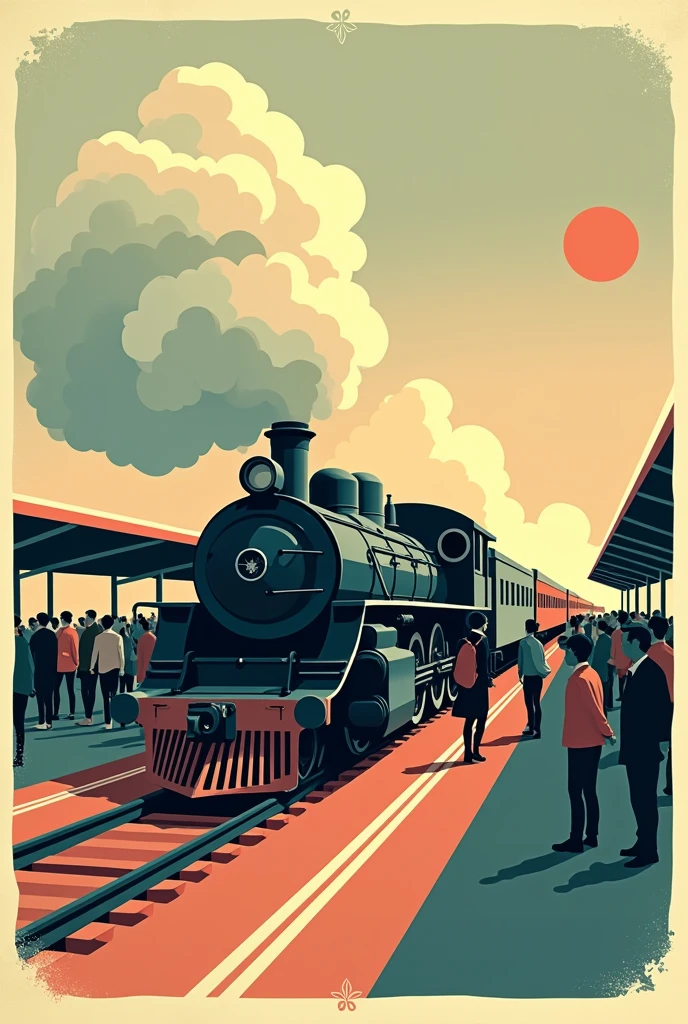 Retro Style,flat design,Many people are getting on the train,Vintage locomotive,TRAIN STATION,Minimalist style,Non-realistic style,Stamp design