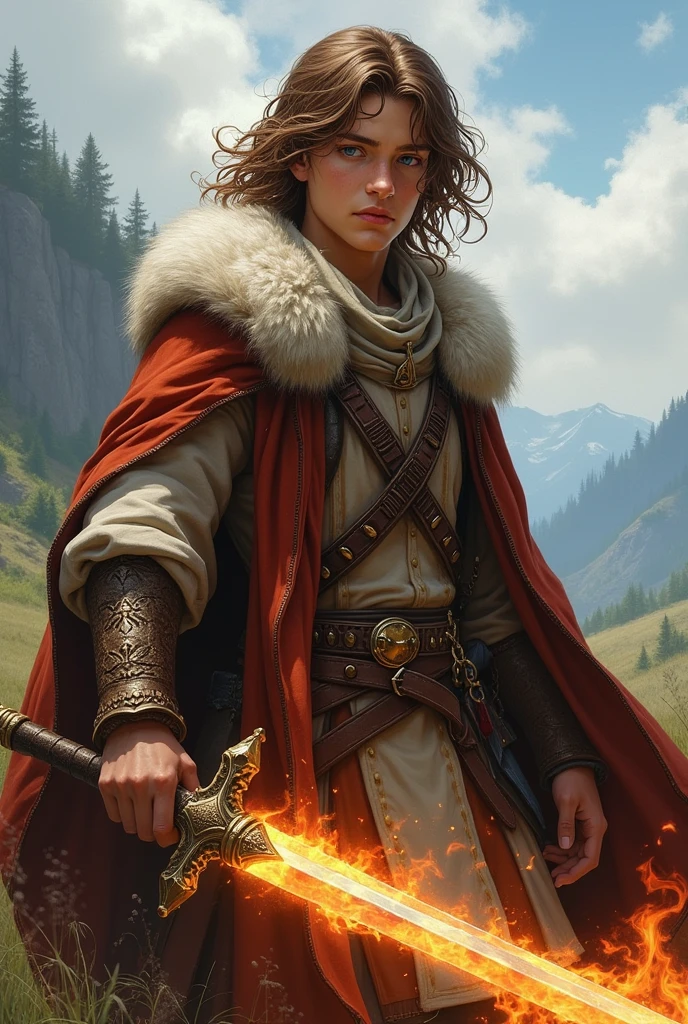 Make a young king wearing hunter's clothes in brown with a touch of gold and a steel sword with fire, brown hair and blue eyes