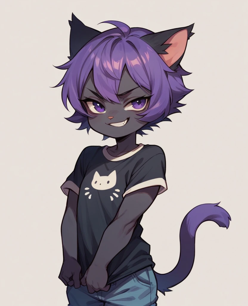 little cat, kid girl cat, cub, fully black fur, purple hair, purple eyes, smirk