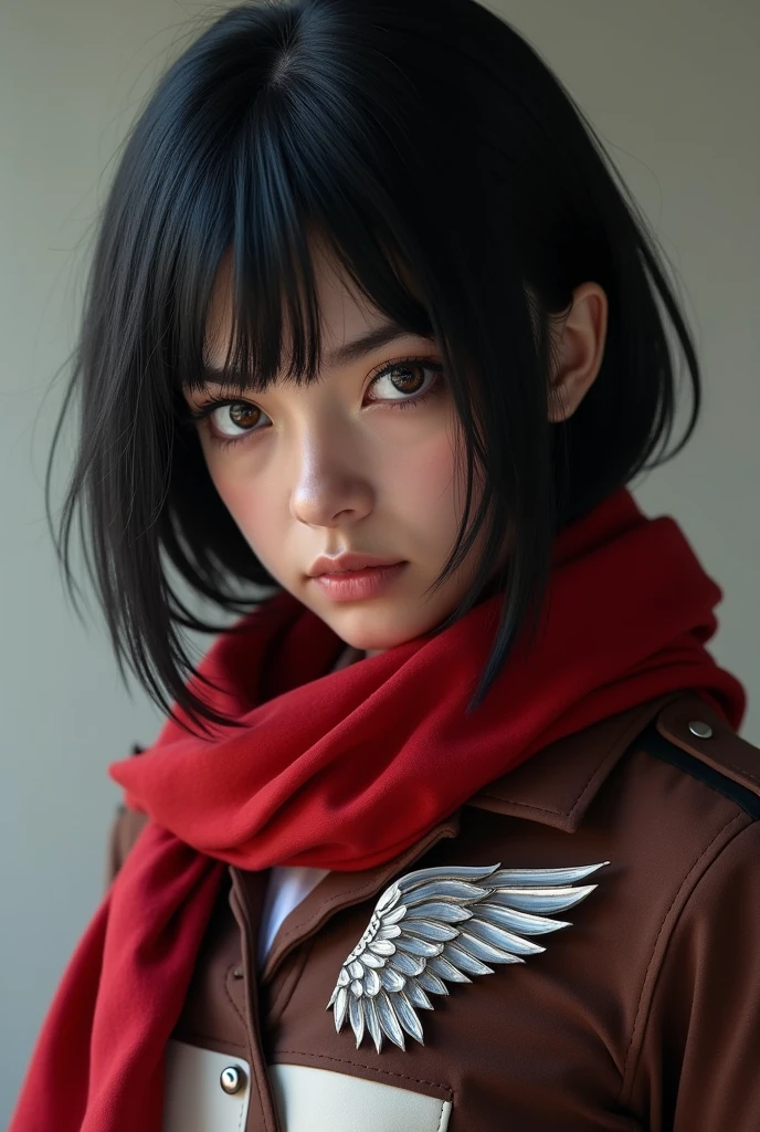 Natalie Gate, hyperrealistic, High quality photo, you are cosplaying Mikasa Akerman